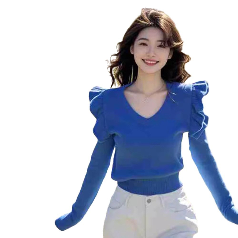 2024 년 초 가을 뉴 앰비언스 센스 러플 V-NECK KLEIN 블루 스웨터 니트 스웨터 여성용 쇼트 웨이스트 탑
