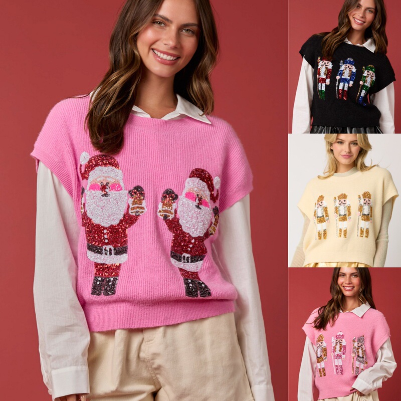 Amazon Autumn and Winter New Cross-border European and American Women's Christmas Guard Sequin Sweater Vest Round Neck Knitted Top Amazon Autumn and Winter New Cross-border European and American Women's Christmas Guard Sequin Sweater Vest Round Neck Knitted Top