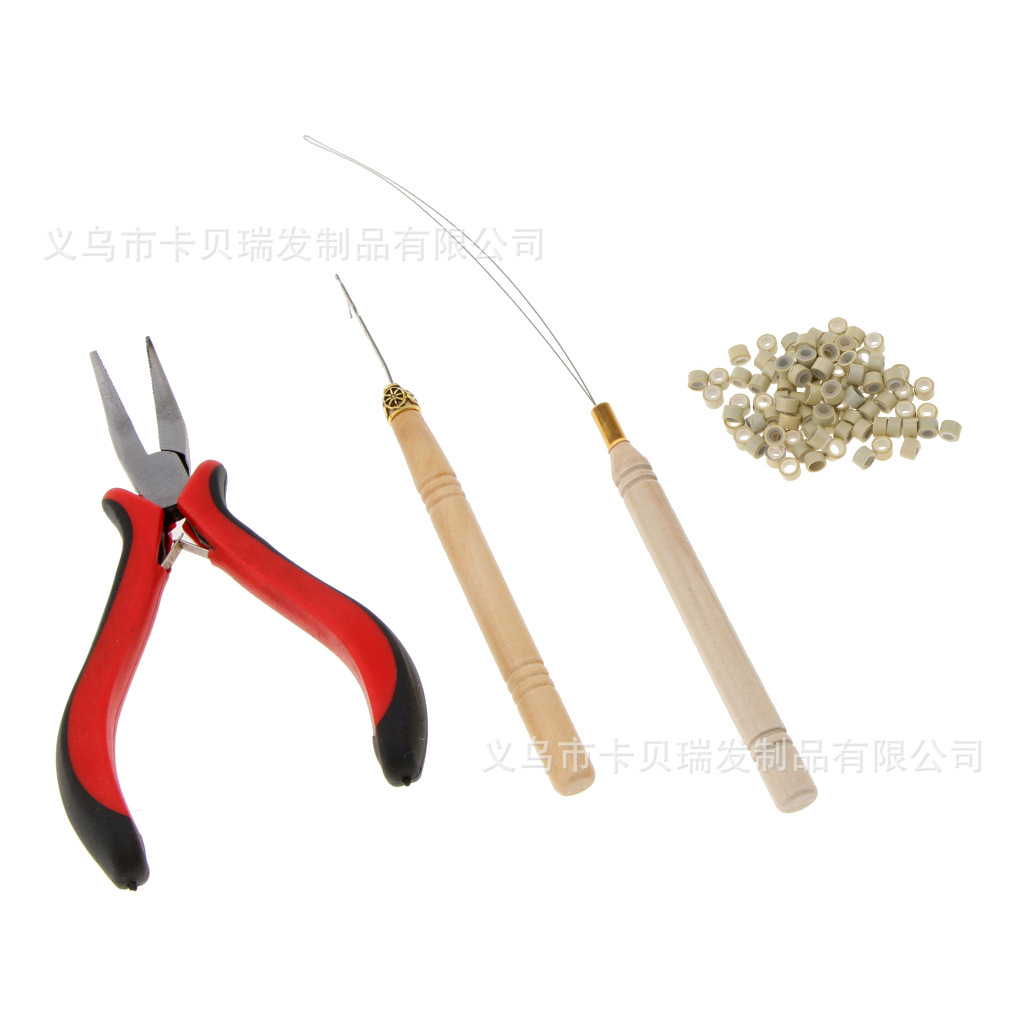 빨간색 펜치 + 나무 코바늘 + 나무 실꿰기 + 머리 연장 링 100개(베이지색)