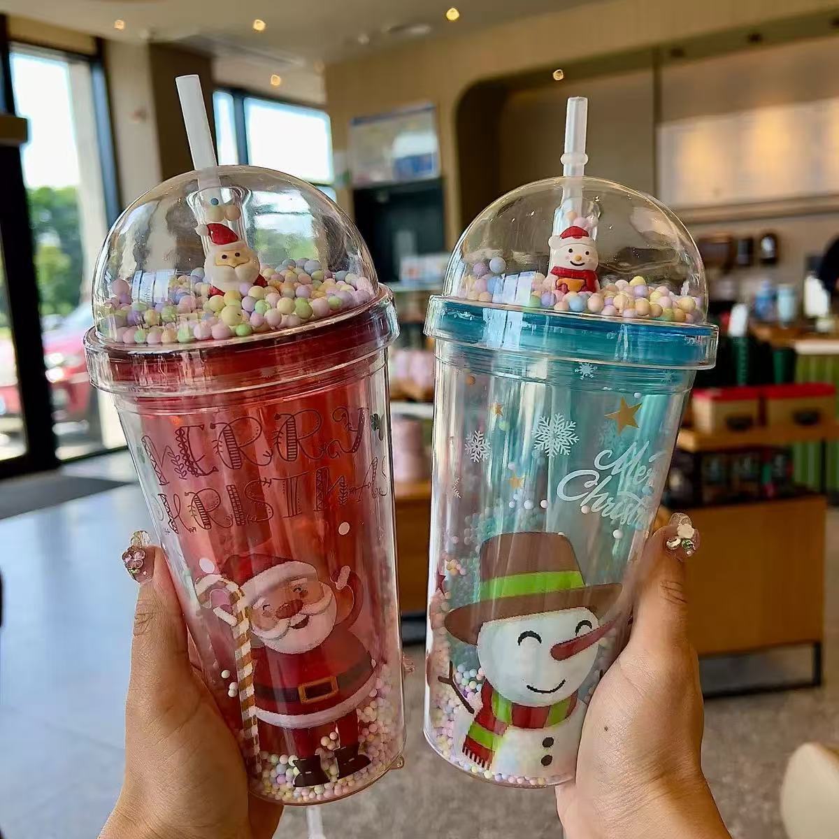 跨境新款高颜值网红卡通塑料16oz双层吸管杯24oz