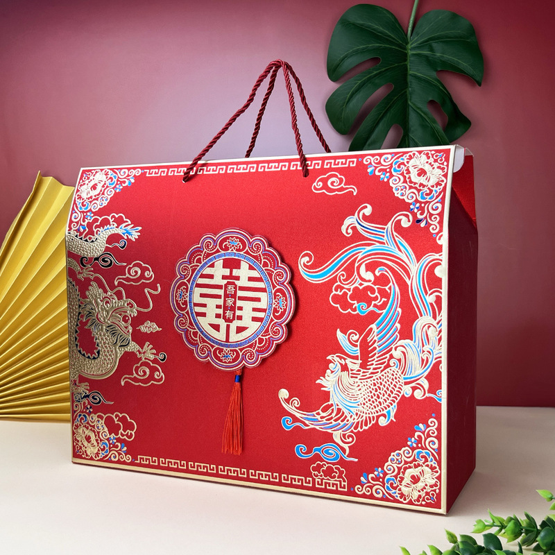 中国式婚約結納箱浮き彫り箔押し手土産箱金葱紙艶消しお祝い結婚式特大サイズ喜糖箱|undefined
