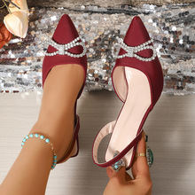 尖头珍珠凉鞋蝴蝶结高跟水钻凉鞋性感大码法式细跟婚礼鞋外贸跨境