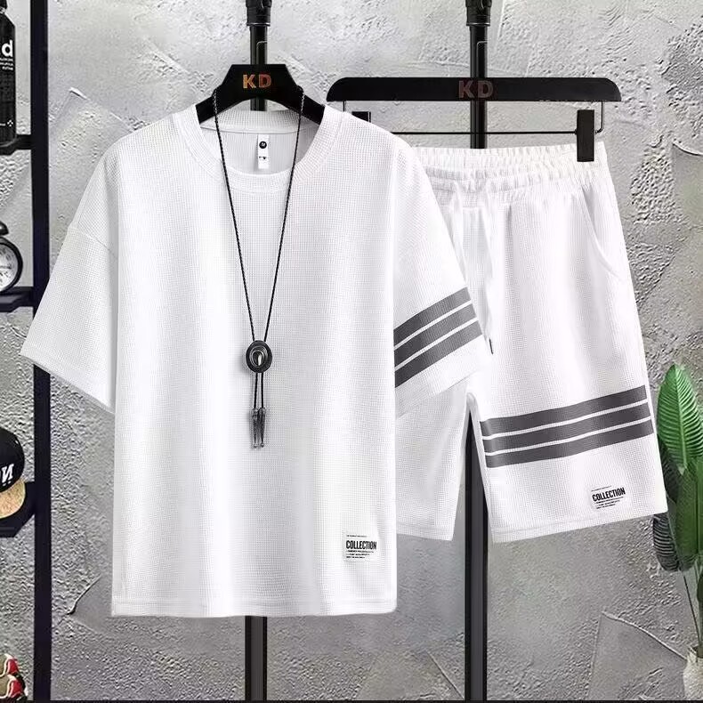Leichtes Herren Sommer Trainingsanzug Set Waffelstrick Freizeit_voghion.com