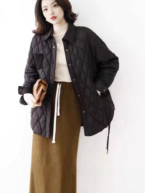 轻薄衬衫领羽绒服女侧边抽绳廓形遮臀中长款小个子90白鸭绒羽绒外|undefined