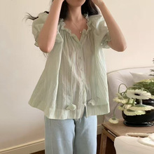 2025夏日韩版甜美小清新花瓣抽绳边领口宽松百搭短袖衬衫上衣小衫