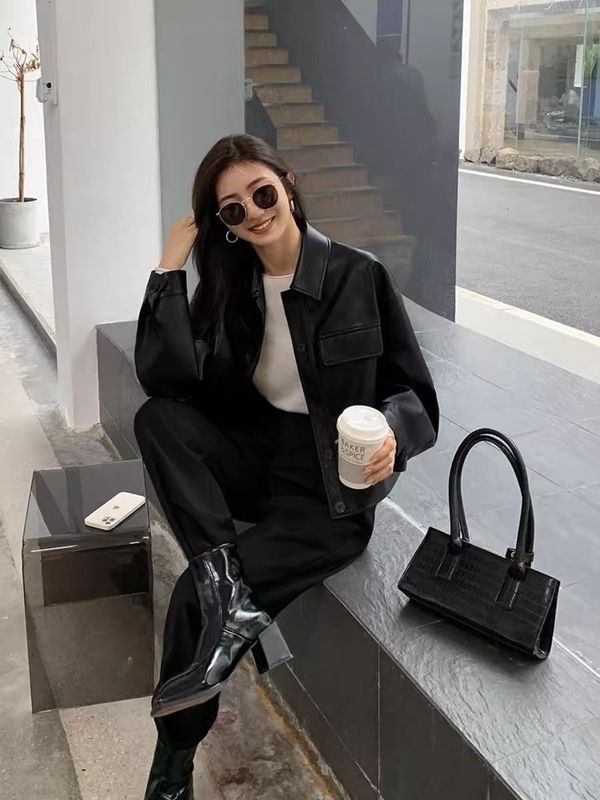 黑色短款pu小皮衣外套女2025年秋季新款韩版时尚复古咖色夹克上衣|undefined