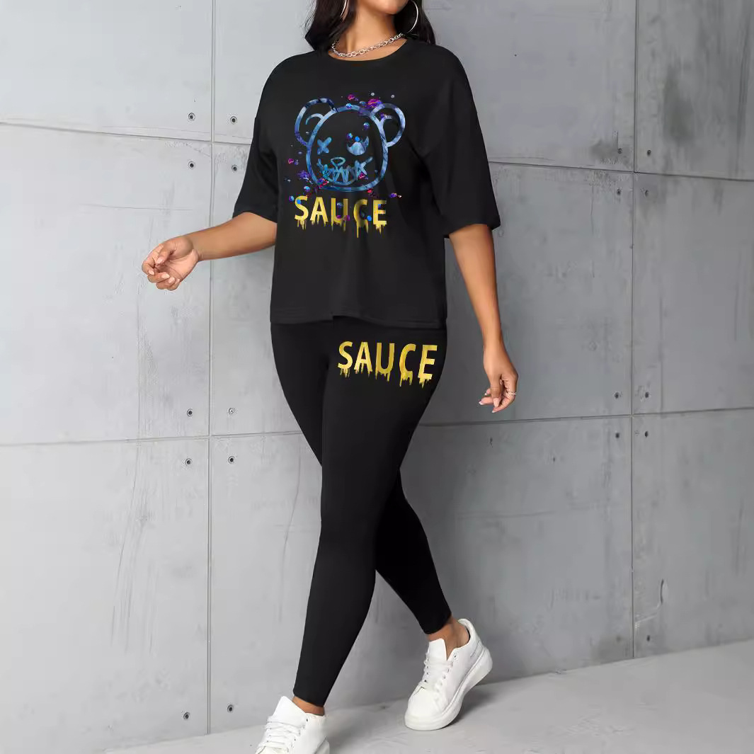 Women's Plus Size Matching Set Letter & Bear Print Top & Long Pants Stylish Versatile Summer Clothing Ensemble_voghion.com