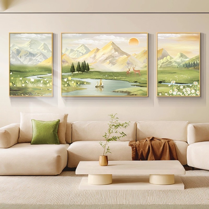 日照金山客厅装饰画奶油风沙发背景墙挂画山水风景三联画高档壁画|undefined