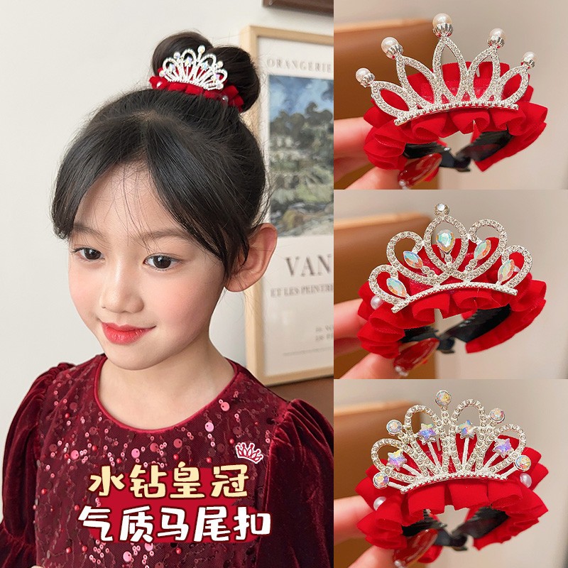 女童红色喜庆马尾扣盘发神器儿童新年皇冠头饰小女孩扎丸子头发卡