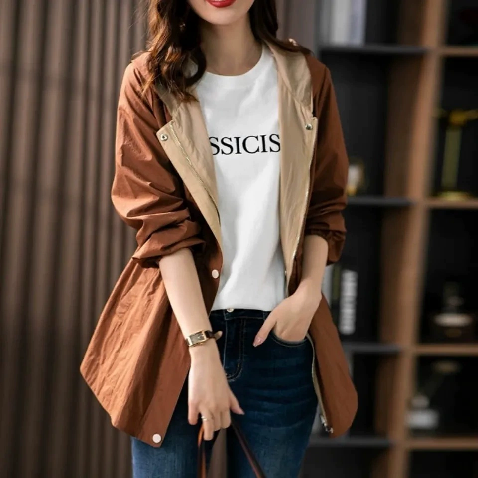 Длинная куртка для отдыха с капюшоном, осеннее trench coat, бретель, длина до середины, корейский стиль