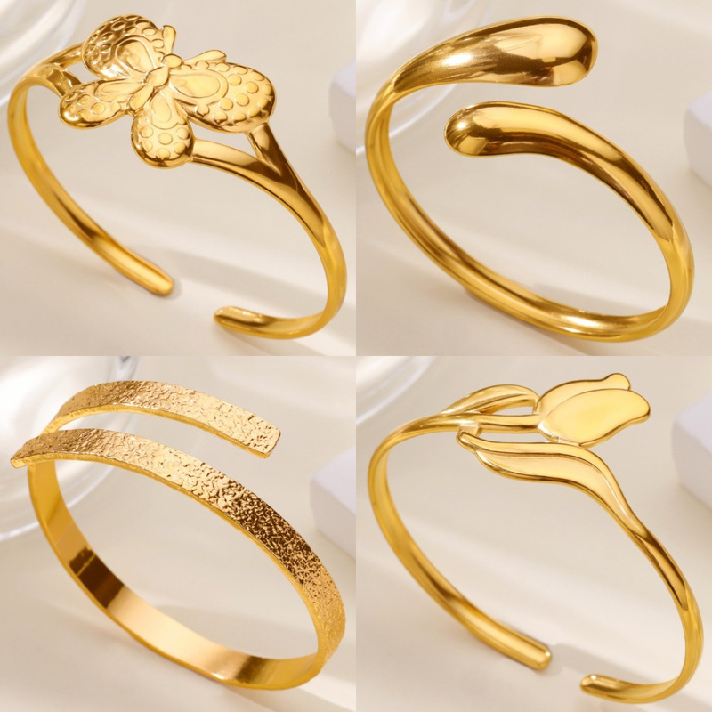 Cross-Border European and American Style Butterfly Flower Stainless Steel Open Bracelet for Women Ins Style Simple Non-Fading Arm Bracelet