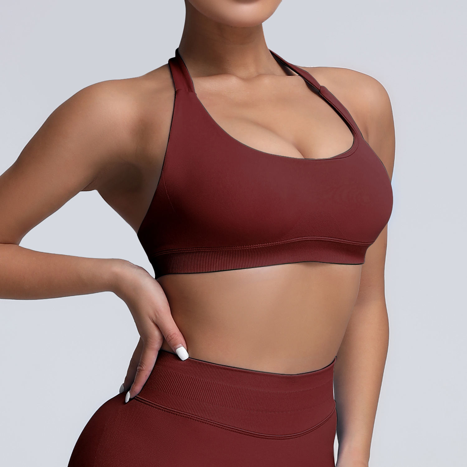 Europa y los Estados Unidos cuello colgante belleza de espalda ropa interior deportiva alta elástica matte nylon de espalda abierta gran chaqueta de yoga sujetador mujer