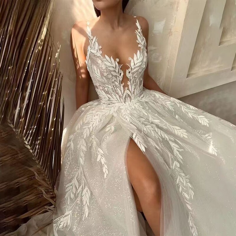 Deep V-Neck 2026 New European and American Style Princess Bride A-Line Wedding Dress with Small Train, Sheer Backless Lace Wedding Gown Deep V-Neck 2026 New European and American Style Princess Bride A-Line Wedding Dress with Small Train, Sheer Backless Lace Wedding Gown