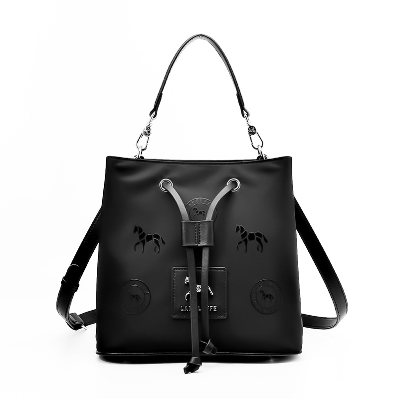 Mujeres cuerdas cubo bolsos casuales bolsos de mochila de ultrafibra negros europeos y estadounidenses sensación cool neutral LP7242#