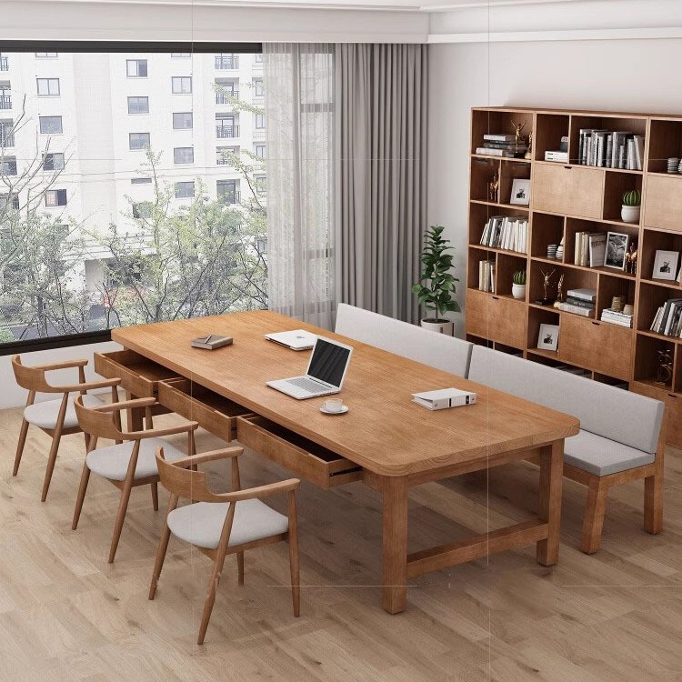 北歐實木客廳書桌帶抽屜學習桌家用辦公桌原木大長桌多收納工作檯