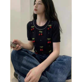 欧洲站轻奢时尚圆领钉珠短袖针织衫女夏季高级感穿搭上衣欧货女装