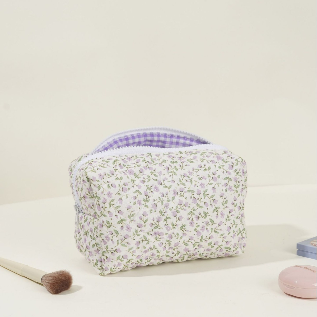 Floral Quilted Cosmetic Bag Large Capacity Cotton Storage Toiletry Bag Pencil Case Plaid Embroidery Ins Ladies_voghion.com