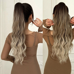 Clip-type extended ponytail extended claws 24-inch curly wave straight clip wig long ponytail women brown