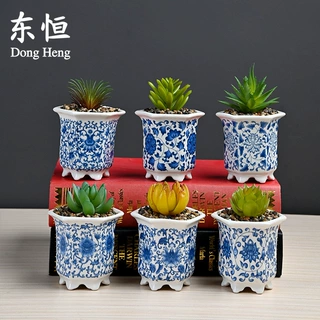 东恒新款中东青花陶瓷花盆外贸出口跨境多肉花盆六角仿真花植物盆