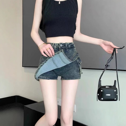 Summer niche pants retro denim short A-line skirt for women with high waist, irregular cut, side seam to prevent exposure