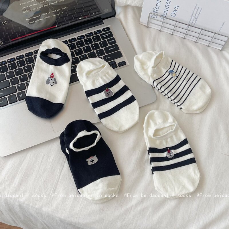 Mekki Socks for Women, New Spring and Summer Models, Lightweight and Breathable Low-Cut Socks, Black and White Striped, Cute Student Style, Ins Casual