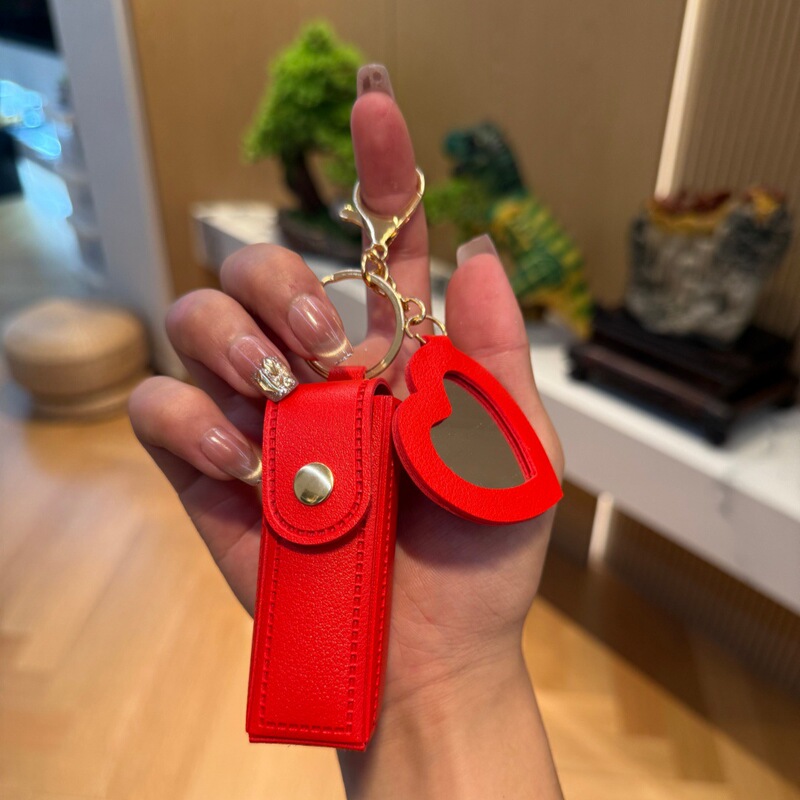 Light Luxury Style Leather Heart-Shaped Mirror Lipstick Storage Bag Portable Lipstick Protective Case Keychain Bag Pendant Wholesale Light Luxury Style Leather Heart-Shaped Mirror Lipstick Storage Bag Portable Lipstick Protective Case Keychain Bag Pendant Wholesale