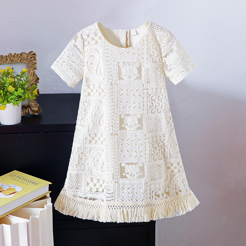Amazon Children's Clothing Hollow-Out Loose Short-Sleeve Dress for Girls Summer Embroidered Lace Princess Dress Trendy 145g A-Line