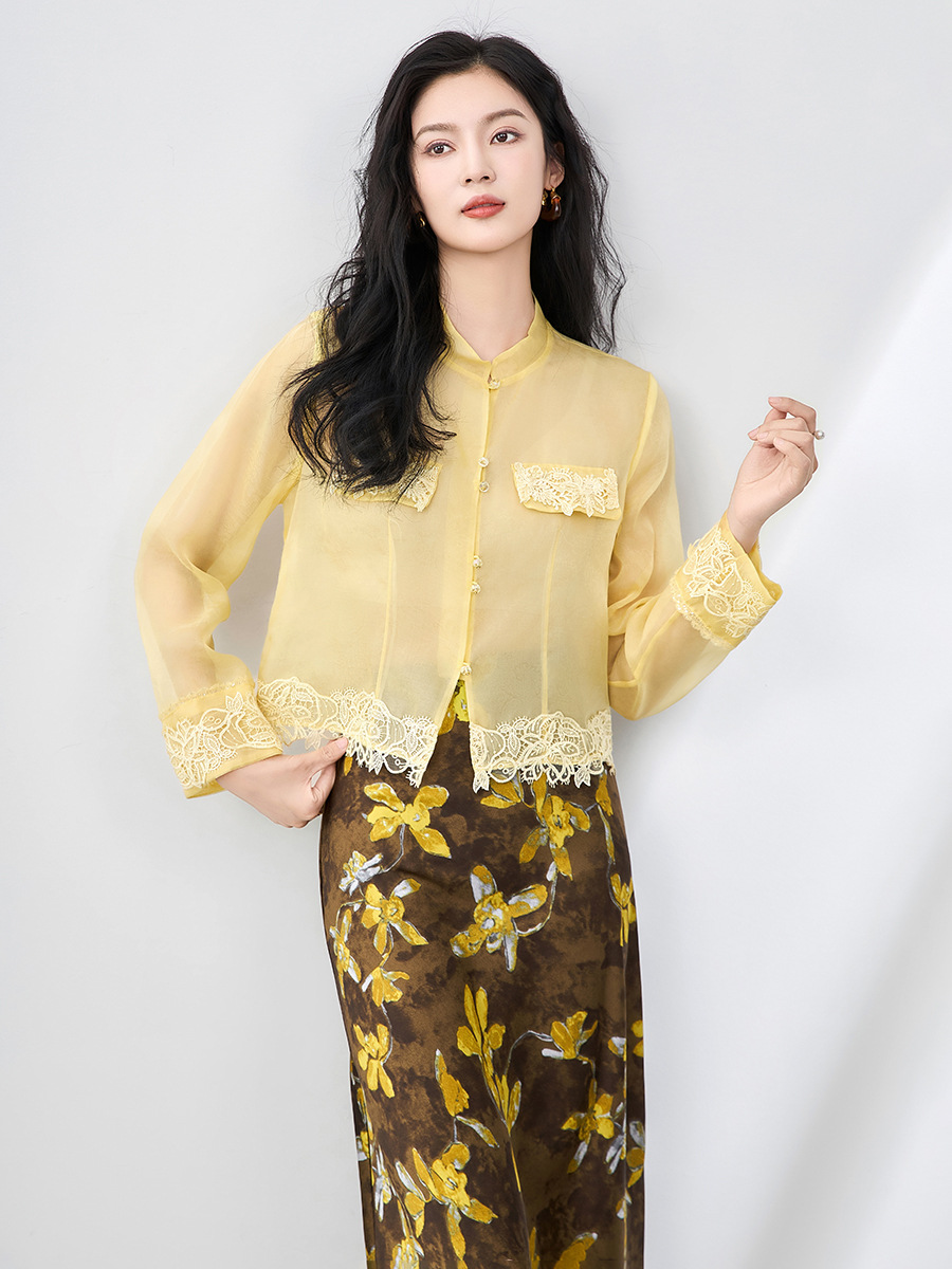 Áo sơ mi dài tay lụa organza cao cấp kiểu Trung Quốc mới mùa hè — Màu đen