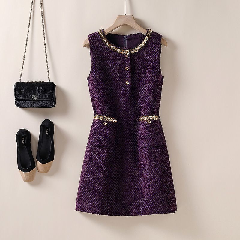 Chanel-Style Tweed Vest Dress with Beaded Sequins, Slim-Fit Tweed Dress, 2026 Autumn and Winter New Women's Fashion