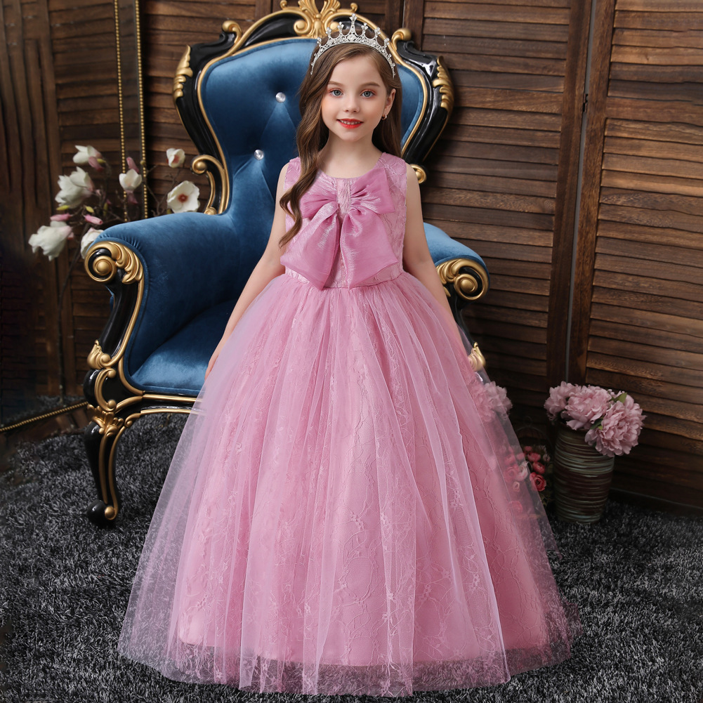 Niñas de encaje arco grande cumpleaños etapa rendimiento vestido de noche medio y grandes niños rendimiento largo mullido vestido lote