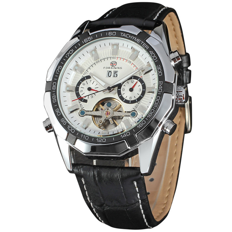 Forsining hombres moda casual gran dial Tourbillon reloj mecánico automático calendario semana reloj