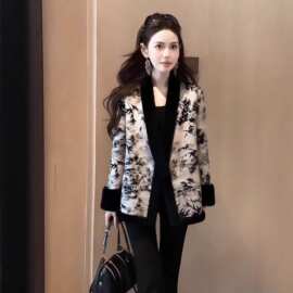 现货 冬季棉服女款2025新款加绒加厚新中式国风毛边拼接黑色外套
