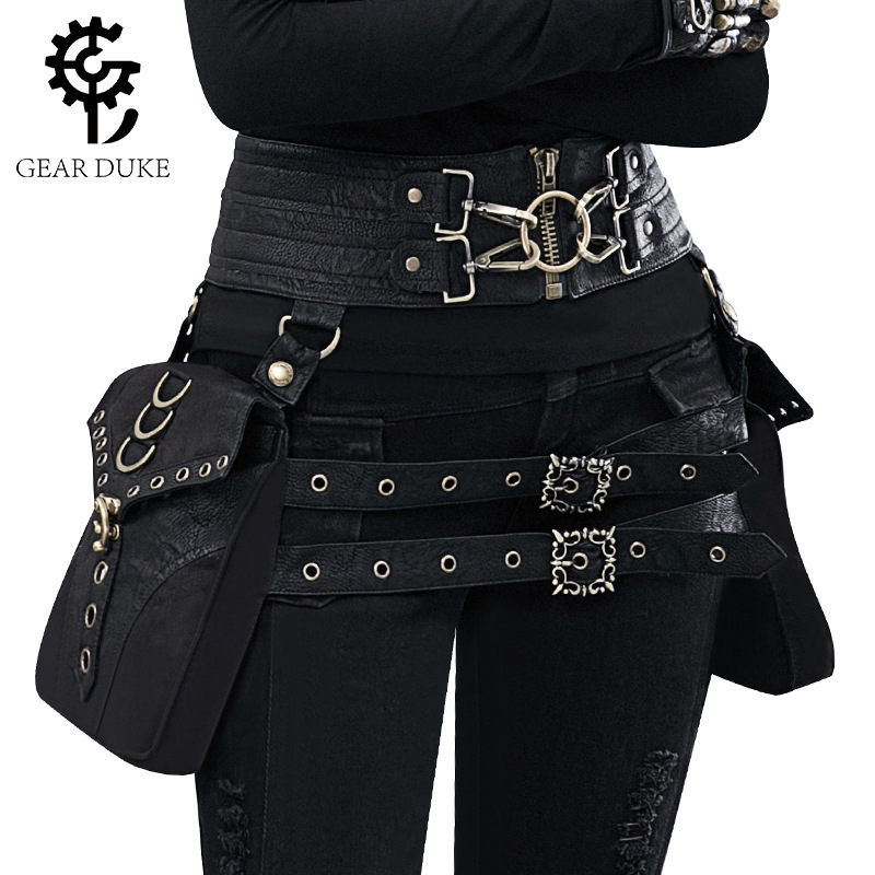 New Cross-Border Bags for Women, Steampunk Pu Leather Women's Bags, Retro Waist Bags, Rivet Splicing Heavy Design
