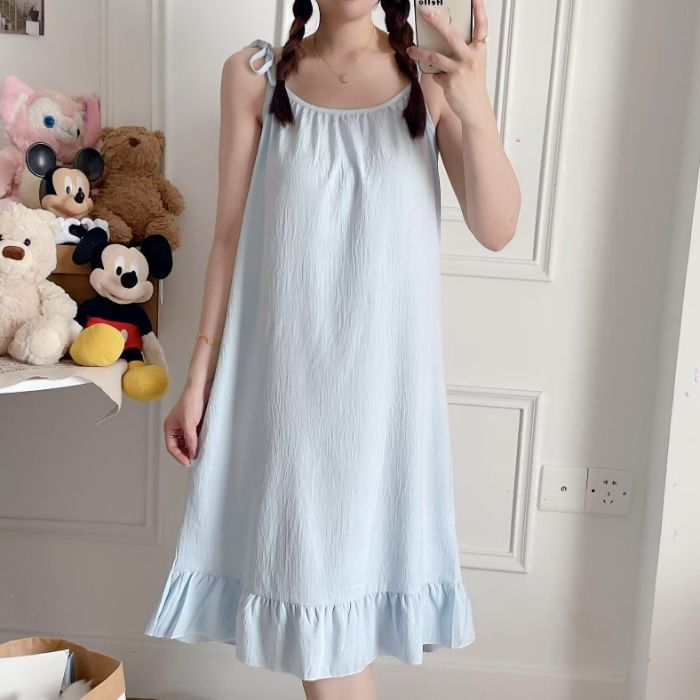Venta al por mayor transfronteriza nuevo estilo cloud algodón camisón verano honda pijama mujer color sólido encaje dulce vestido de servicio a domicilio