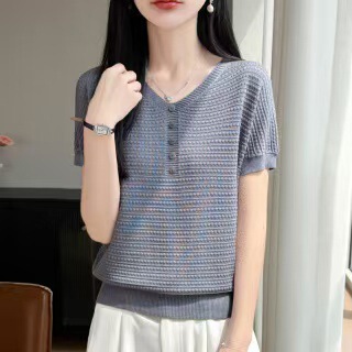 Summer New Lyocell Tencel V-Neck Textured Short-Sleeve T-Shirt for Women, Thin and Luxurious, High-End European-Style Knitwear
