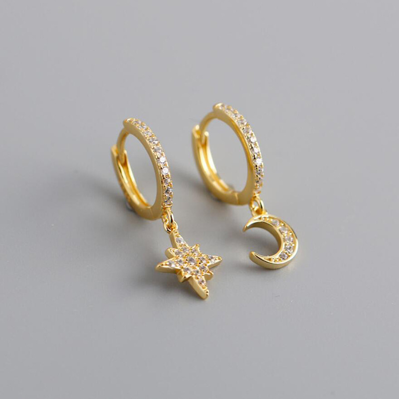 Boucles D&#39;oreilles Asymétriques Transfrontalières Avec Étoile De Luxe Et Lune En Diamant Boucles D&#39;oreilles De Niche Au Tempérament Coréen display picture 7