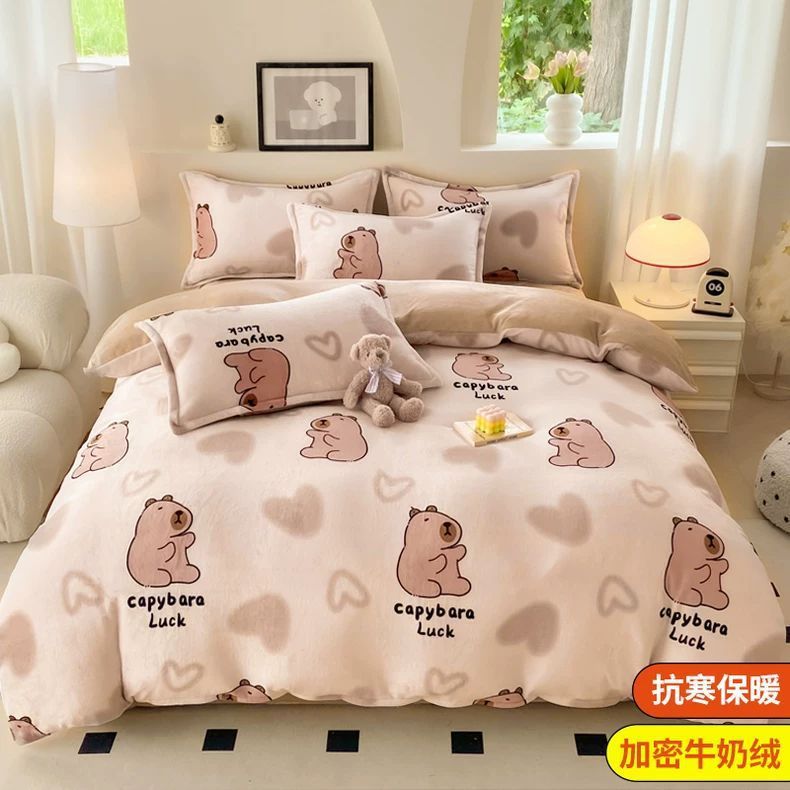 Invierno leche de cama de terciopelo de cuatro piezas doble cara terciopelo de brida gruesa sábanas de terciopelo de coral cubierta de colcha cubierta de tres piezas