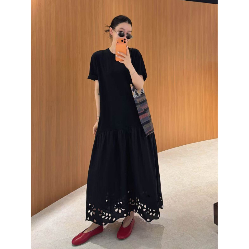 61161 # 2026 Summer Elegant and Mature Style Round Neck Short-Sleeved Mid-Length Lace Skirt Splicing Dress Long Skirt