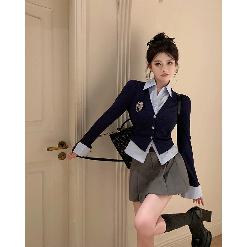 Весеннее и осеннее сшивание поддельные две синие полосатые рубашки