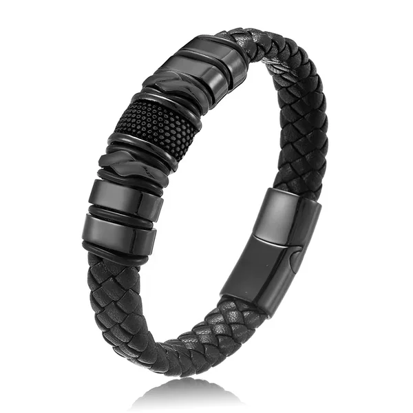 New European and American men's personalized leather bracelet black leather stainless steel men's bracelet foreign trade supply
