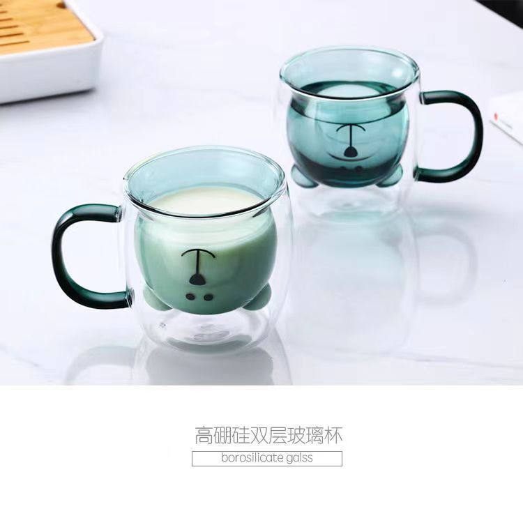 Internet celebridad lindo ins doble capa de vidrio con mango oso taza de café del hogar taza de beber taza de jugo de leche