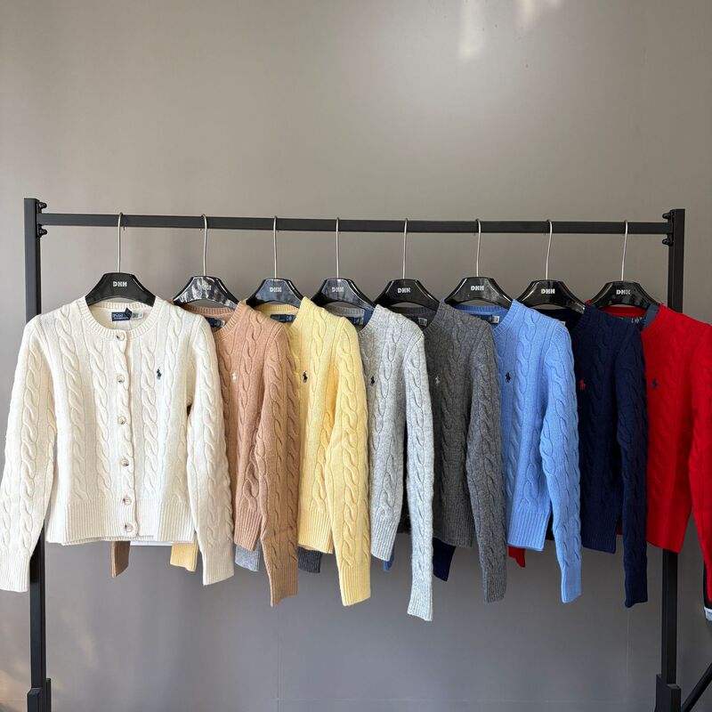 Rl80 Wool 20% Cashmere Ralph Lauren Logo Embroidered Cardigan Women's Round Neck Cable Knit Sweater Versatile