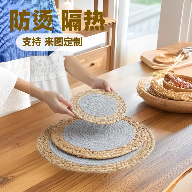 almohadilla de cuerdas de algodón tejida a mano almohadilla de aislamiento térmico anti quemaduras de estilo japonés almohadilla de mesa redonda almohadilla de taza de agua tejida de paja