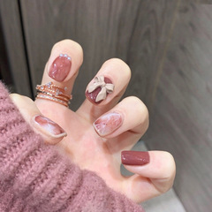 X007假指甲貼片可拆卸豆沙蝴蝶結穿戴甲美甲片美甲貼片成品甲片貼