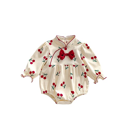 Newborn baby clothes, spring and autumn baby girl jumpsuits, princess cherry romper, infant and toddler full moon 100-day bag fart clothes