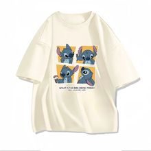 纯棉后包领 夏季新款卡通印花史迪仔圆领短袖T恤男女款原宿风批发