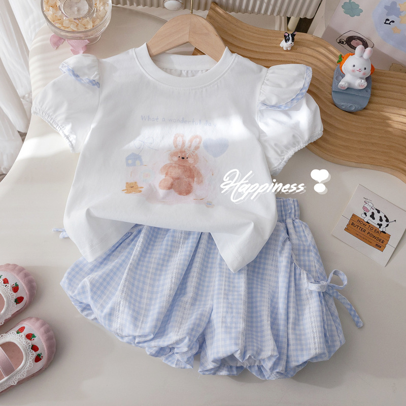 Girls Korean Style Suit Summer New Cartoon Printed T-Shirt Fashionable Plaid Bow Bud Pants Two-Piece Set Trendy Girls Korean Style Suit Summer New Cartoon Printed T-Shirt Fashionable Plaid Bow Bud Pants Two-Piece Set Trendy