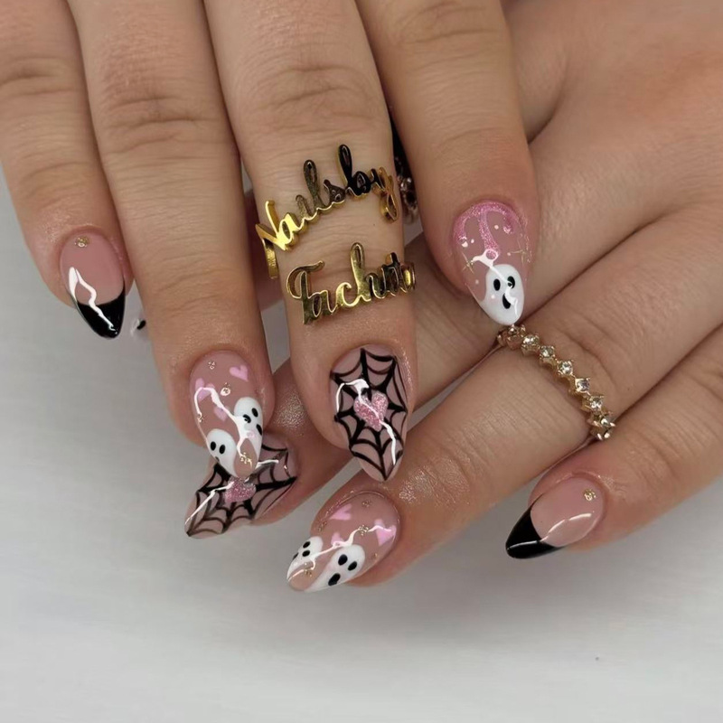 Halloween Short Almond Black French Ghost Spider Web Cute Wearable Nails Manicure Nail Tips Cross-Border False Nails Halloween Short Almond Black French Ghost Spider Web Cute Wearable Nails Manicure Nail Tips Cross-Border False Nails