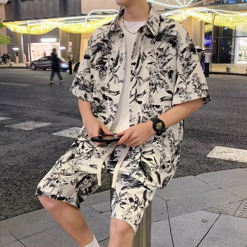 2026 New Floral Shirt and Shorts Beach Suit for Men, Summer Trendy Brand, Cool Beach Outfit, Two-Piece Summer Outfit