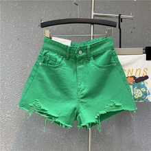 夏季新款糖果绿色港味复古高腰显瘦小个子阔腿裤破洞毛边牛仔短裤